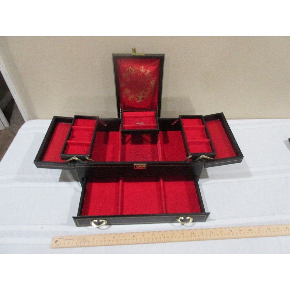 Vtg, Black Faux Leather Mell MCM Jewelry Box Red Velvet 25+Piece Tiered with KEY